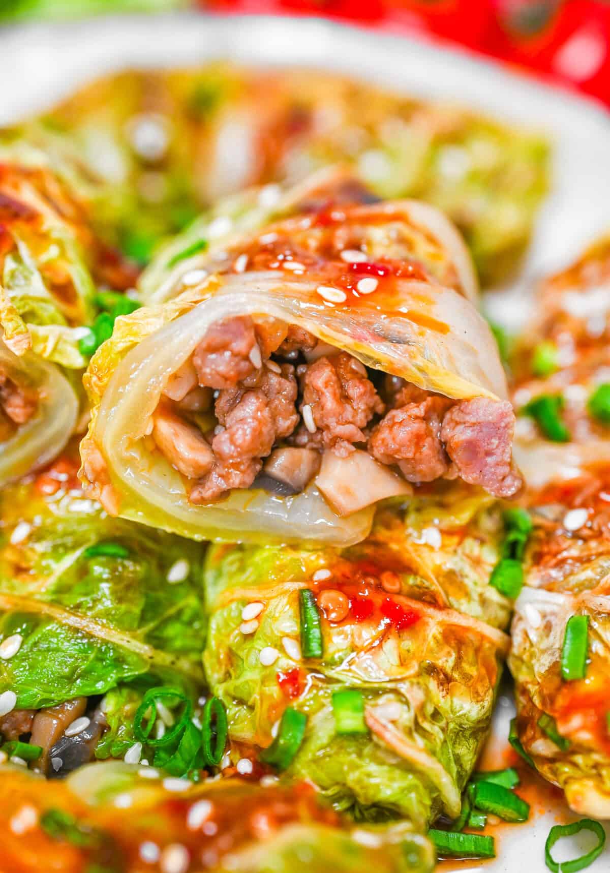 Close-up of cabbage roll cut in half to reveal the juicy meat and mushroom filling inside.