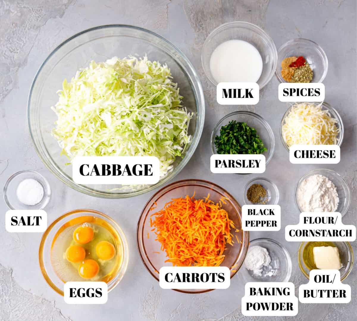 Clear glass bowls with ingredients for cabbage frittata