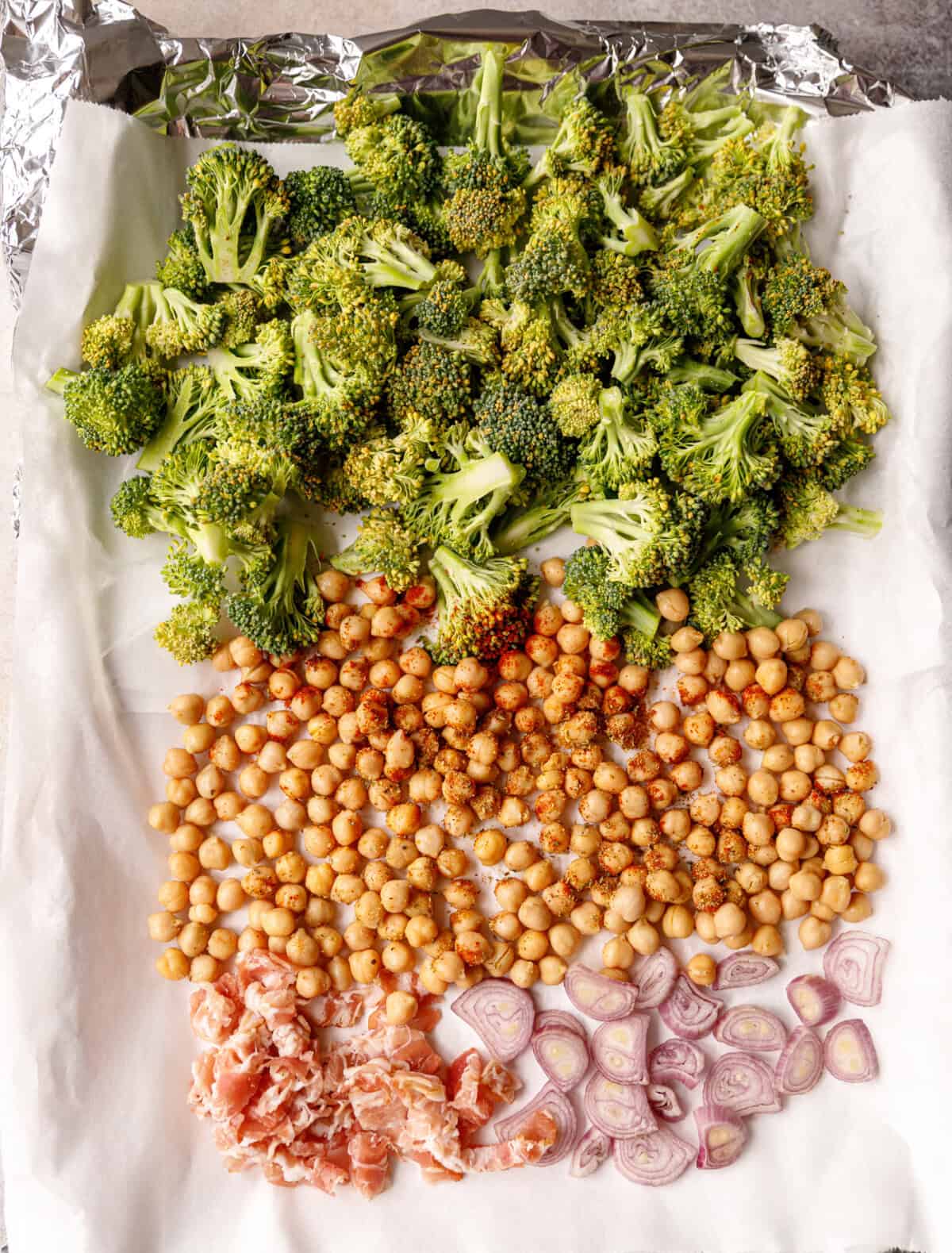 Raw broccoli florets, seasoned chickpeas, chopped bacon, and sliced shallots arranged on a parchment-lined baking sheet before roasting.