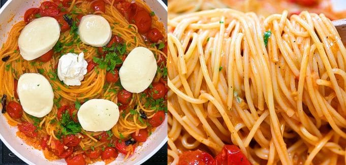 Creamy cheese pasta topped with mozzarella and cream cheese melting into the sauce