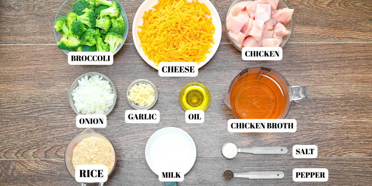 Clear glass bowls with ingredients for chicken broccoli casserole