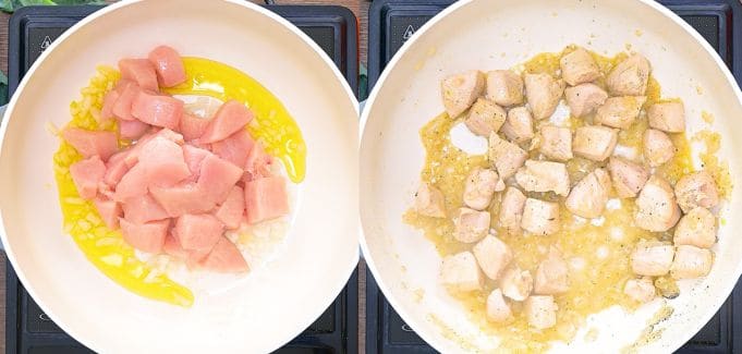 Raw chicken pieces cooking in olive oil in a skillet for rice and broccoli chicken casserole