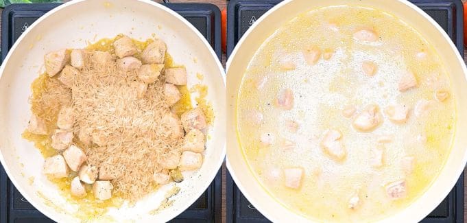 Adding rice to cooked chicken pieces in skillet before pouring in broth and milk