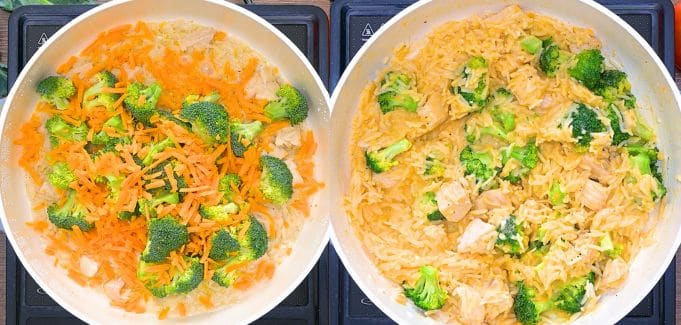 Adding fresh broccoli florets and shredded cheese to the chicken and rice mixture.