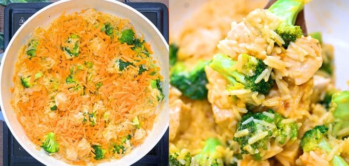 Chicken broccoli and rice casserole topped with melted cheddar cheese in skillet.
