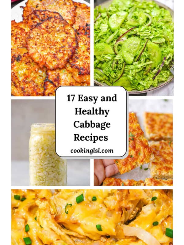 Collage of healthy cabbage recipes including crispy cabbage fritters, creamy cabbage casserole, fermented cabbage in a jar, fresh green cabbage salad, and baked cabbage frittata.