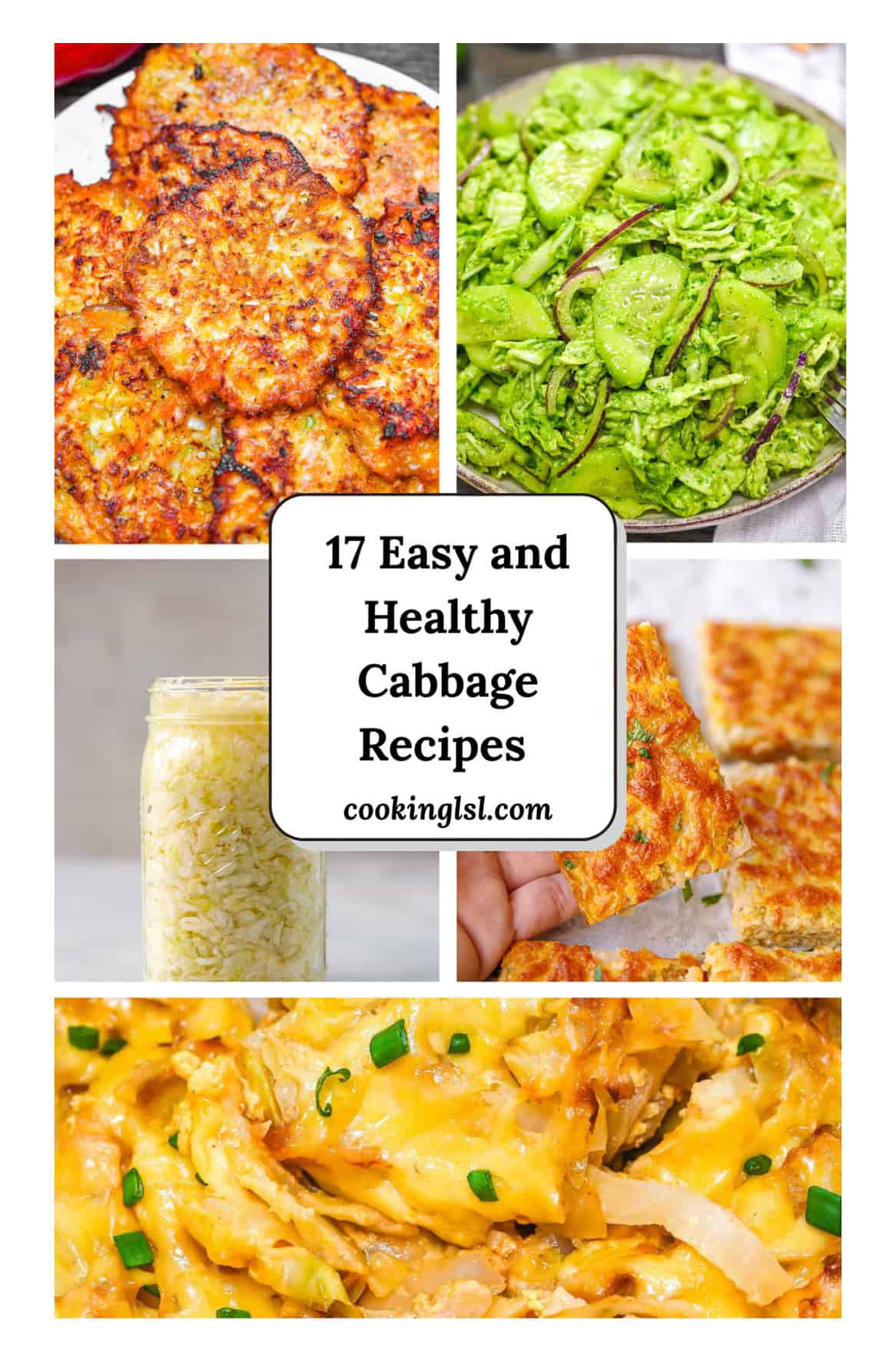 Collage of healthy cabbage recipes including crispy cabbage fritters, creamy cabbage casserole, fermented cabbage in a jar, fresh green cabbage salad, and baked cabbage frittata.