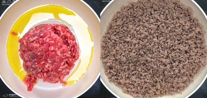 Raw ground beef in a skillet with oil, then browned into small crumbles.