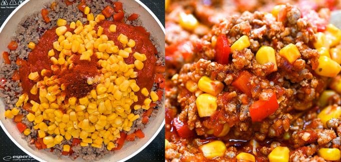 Corn, tomato sauce, and spices mixed into the beef and pepper filling.