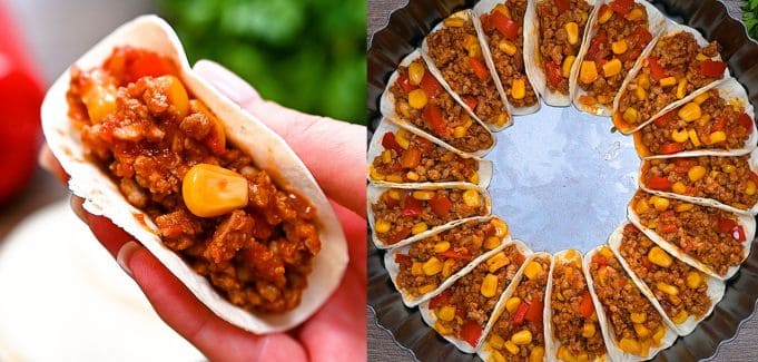 Mini tortilla circle filled with beef mixture, plus a tray of filled tortillas.