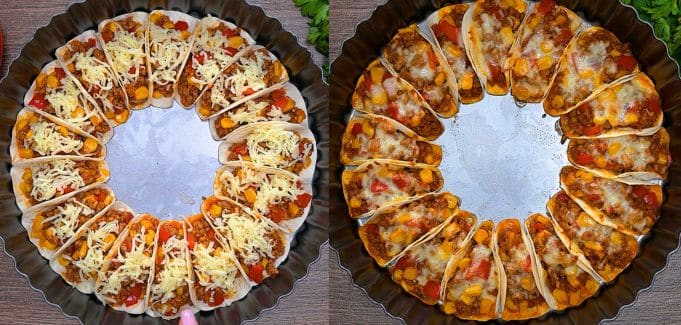 Mini tacos arranged in a circular baking dish before and after baking with melted cheese.