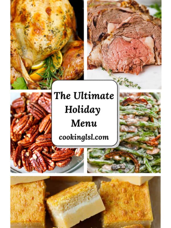 A festive holiday dinner collage featuring roasted turkey, creamy mashed potatoes, cranberry sauce, and pumpkin desserts - an easy make-ahead Thanksgiving and Christmas menu from Cooking LSL.