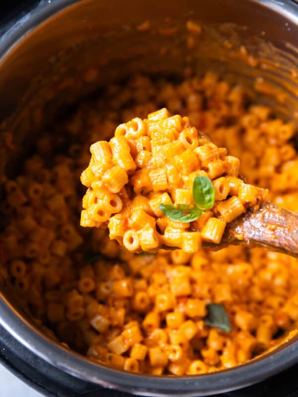 Spoonful of creamy Instant Pot Vodka Pasta lifted from the pot, showing rich tomato cream sauce coating ditalini pasta.