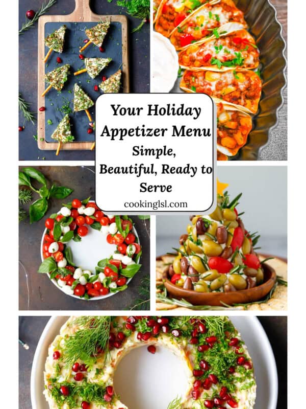 Collage of festive holiday appetizers including cheese Christmas tree bites, mini tacos, Caprese wreath salad, olive Christmas tree, and Olivier salad wreath with dill and pomegranate.