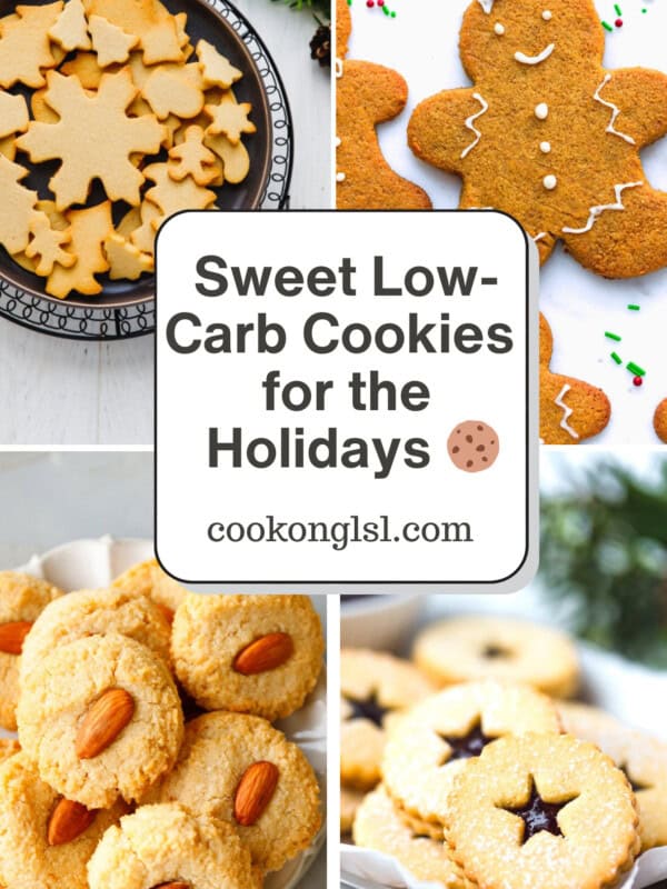 Sweet low-carb holiday cookies including sugar cookies, gingerbread cookies, almond cookies, and keto linzer cookies