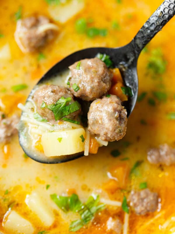 Ladle with small meatballs, potatoes and noodles from Bulgarian Supa Topcheta.
