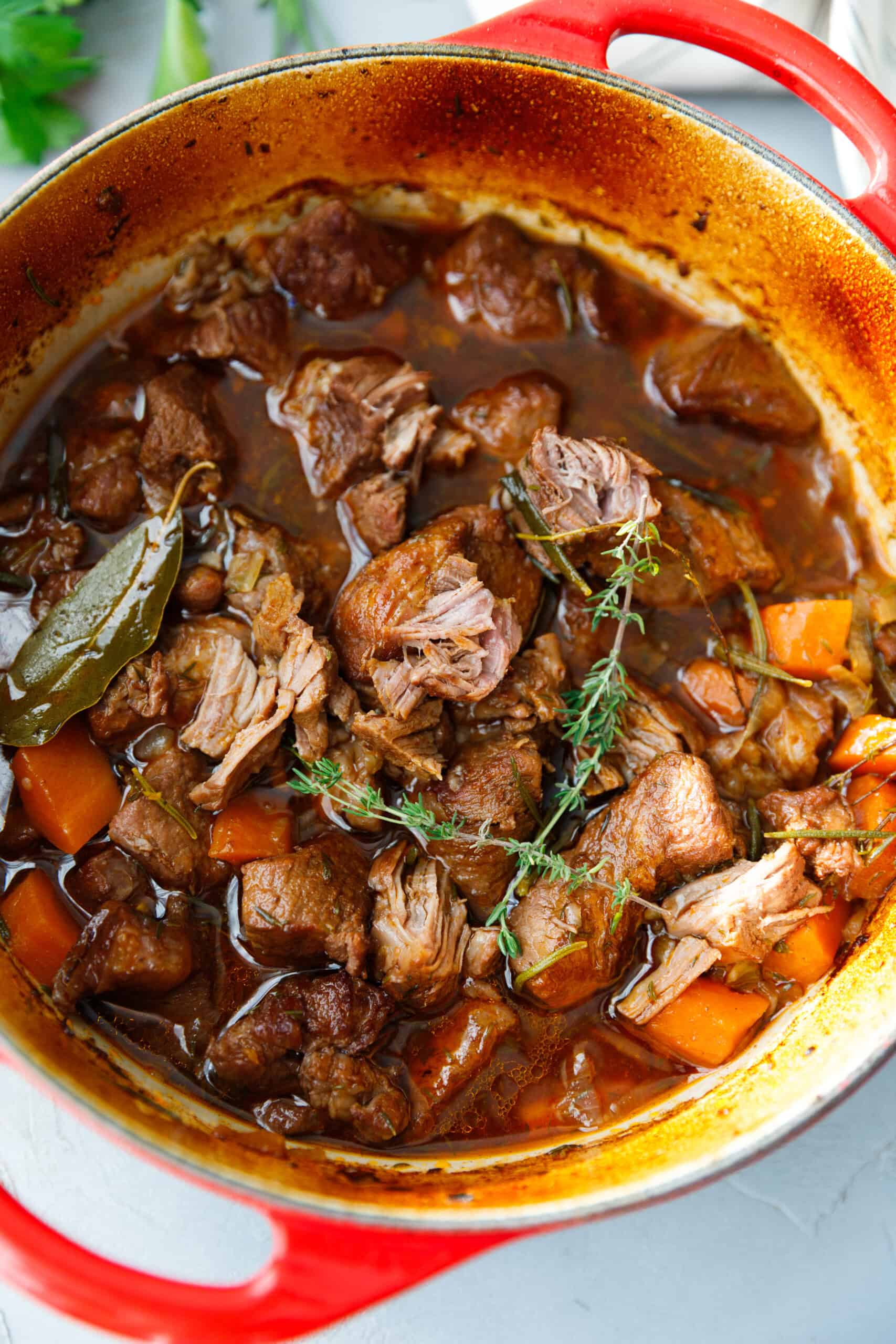 Tender braised beef with carrots and fresh herbs in a red Dutch oven