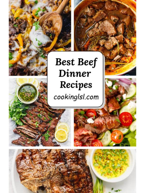 A collage with beef recipe collection - salads, grilling, soups, slow cooker.