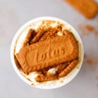 Top view of Biscoff Japanese style cheesecake with crushed cookies on top