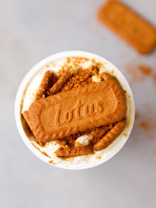 Top view of Biscoff Japanese style cheesecake with crushed cookies on top