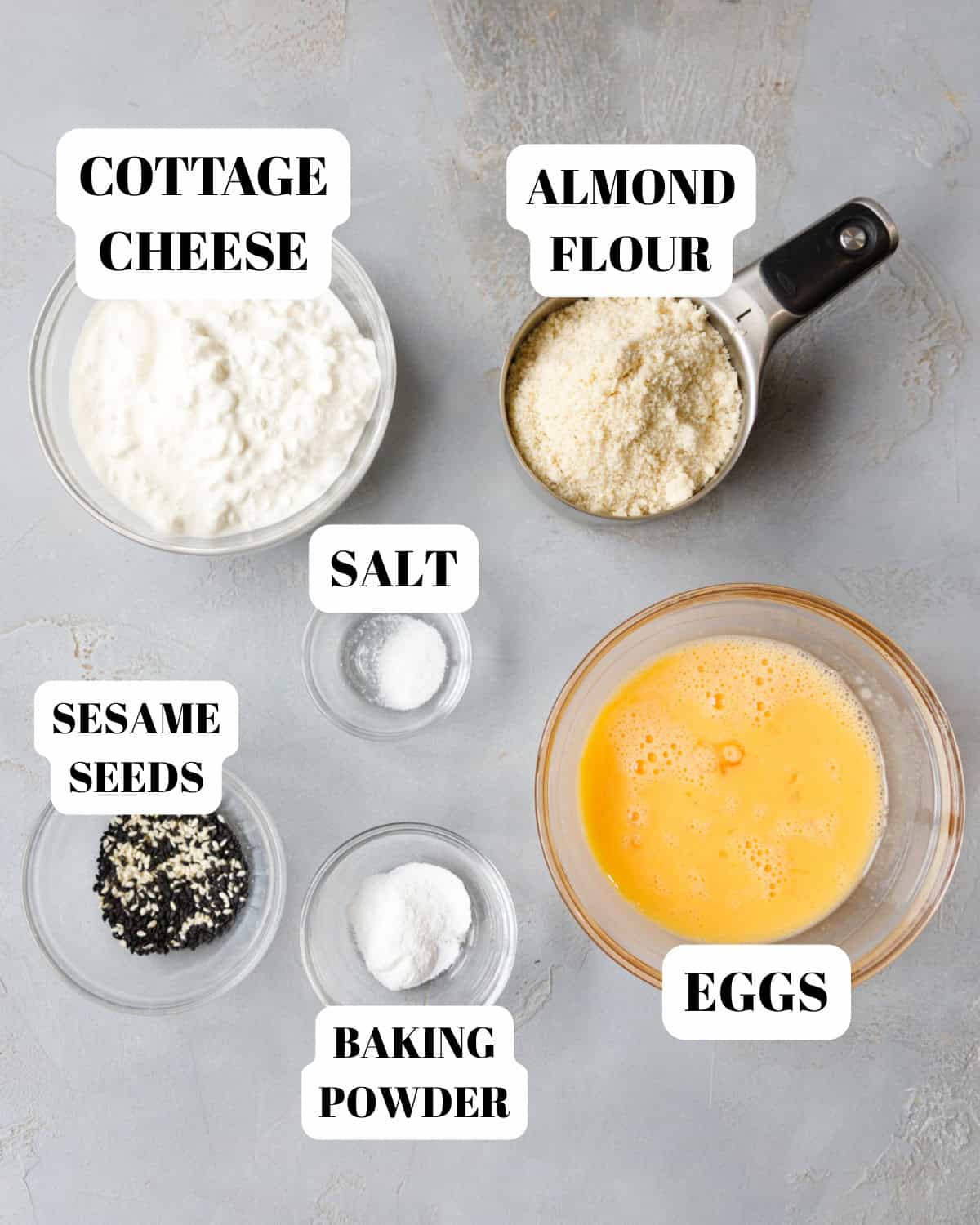 Ingredients for low-carb cottage cheese flatbread arranged on a light surface