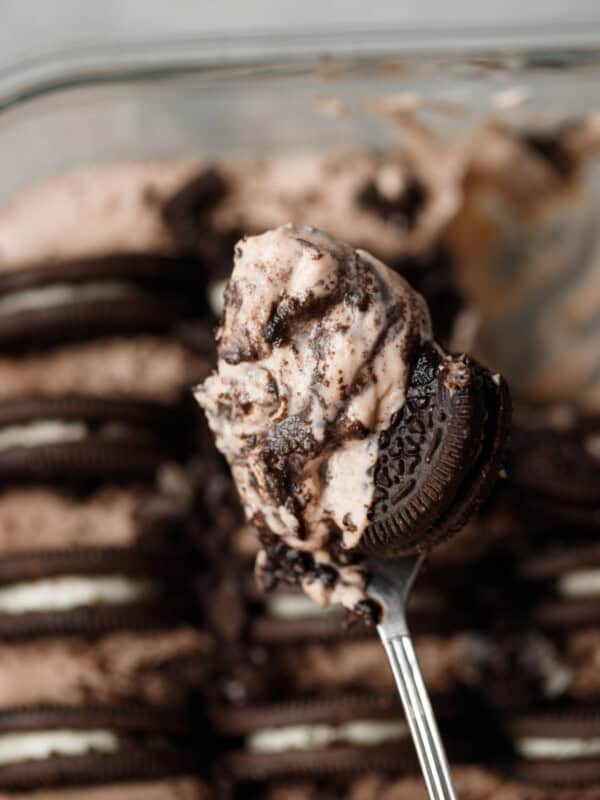 Oreo Japanese style cheesecake made with skyr and chocolate protein powder in a glass container