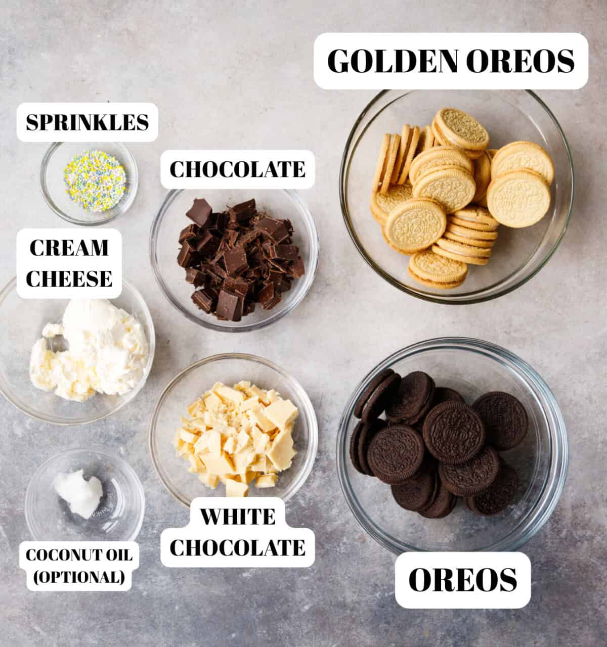 Clear glass bowls with ingredients for Oreo truffles