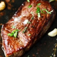 Denver steak cooked in a cast iron Staub skillet