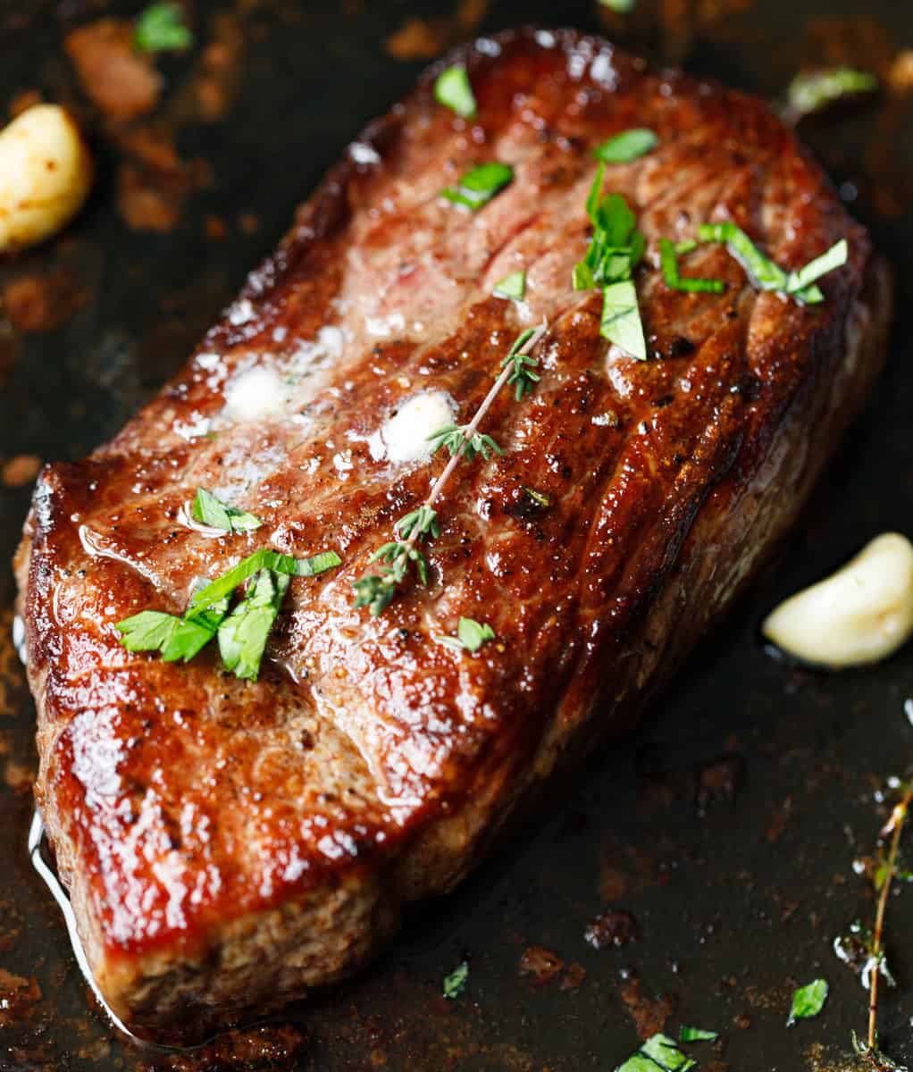Denver steak cooked in a cast iron Staub skillet