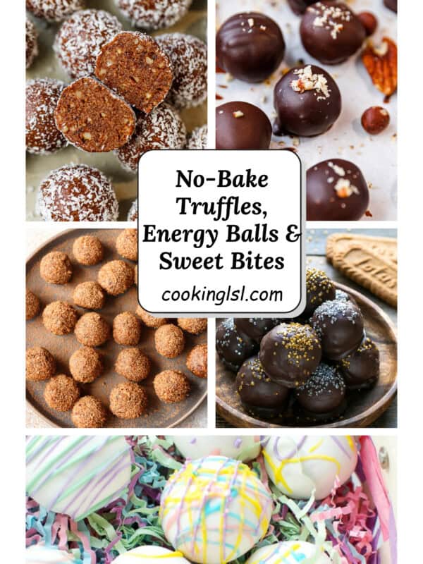 Collage of no-bake truffles, energy balls, and chocolate sweet bites coated in coconut, cocoa, nuts, and colorful drizzle.