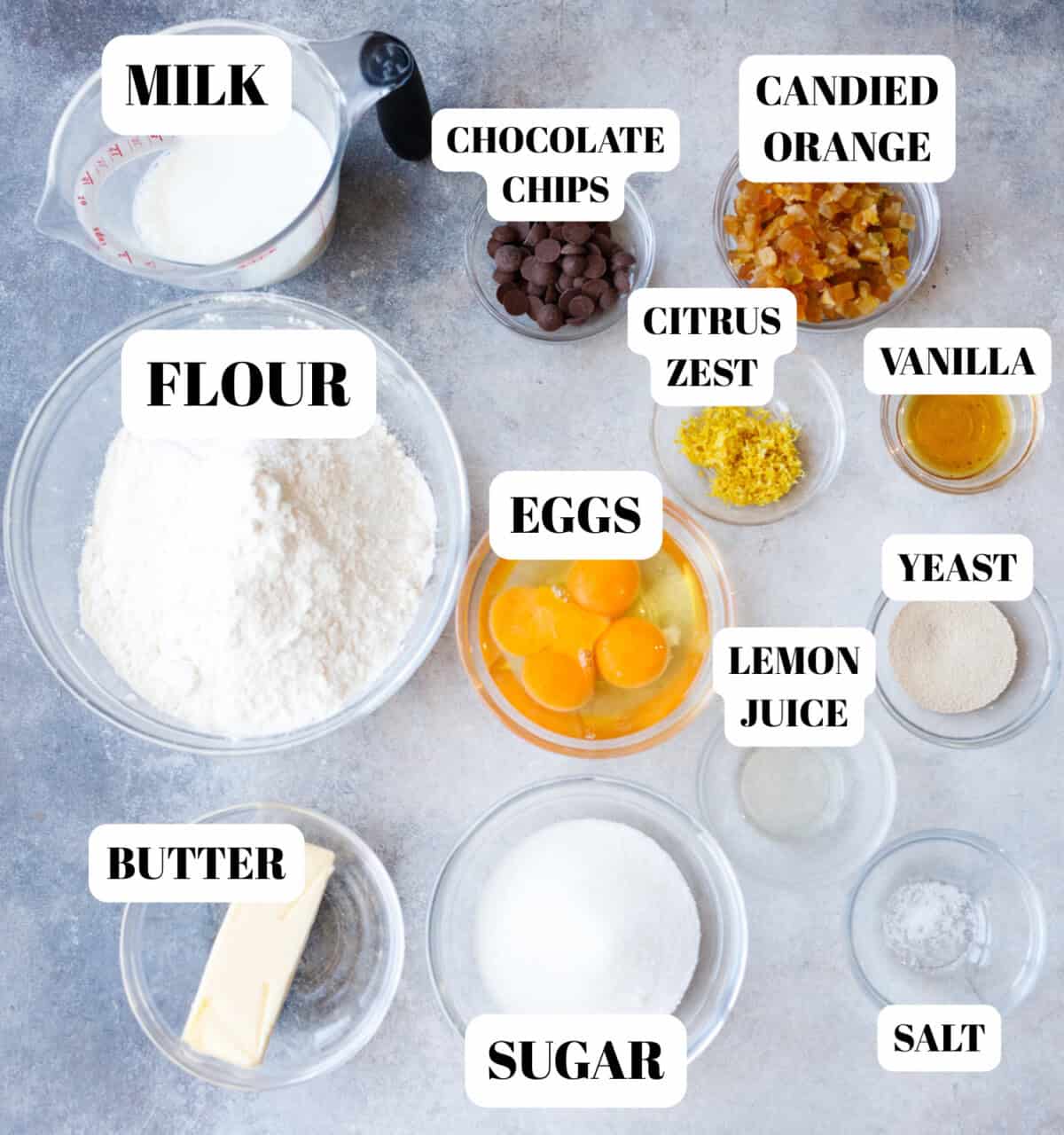 Glass bowls with ingredients for Kulich bread