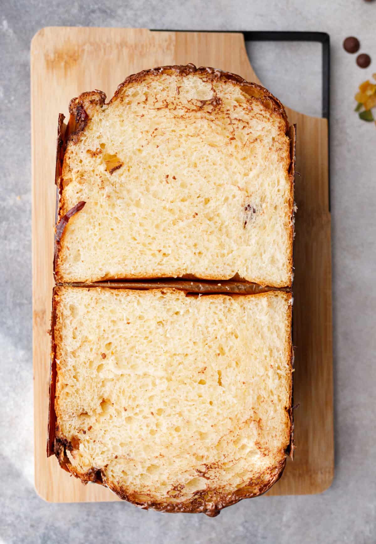 slice of kulich easter bread showing soft interior and even crumb
