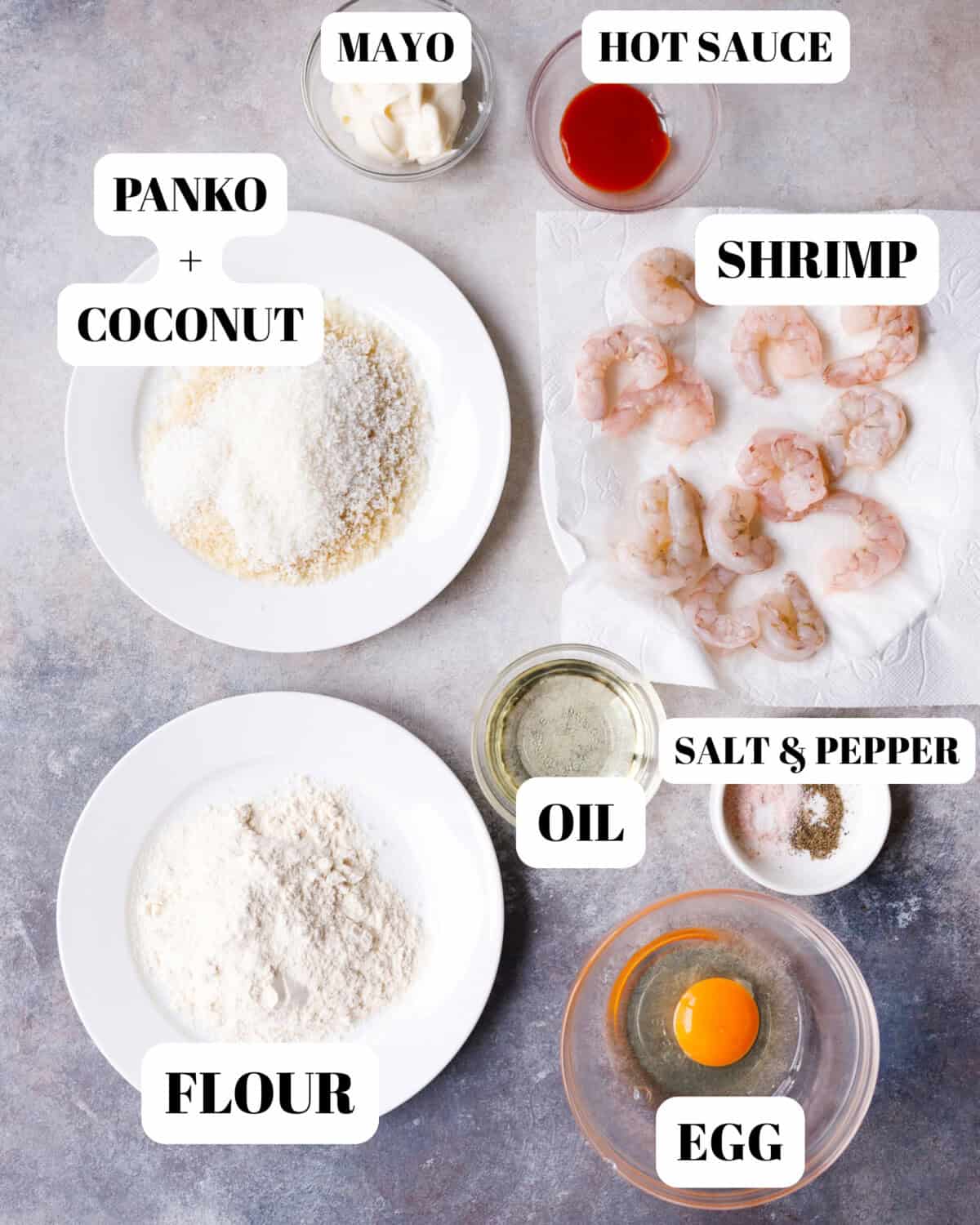Ingredients for coconut shrimp recipe including shrimp, flour, eggs, panko, shredded coconut, oil and dipping sauce