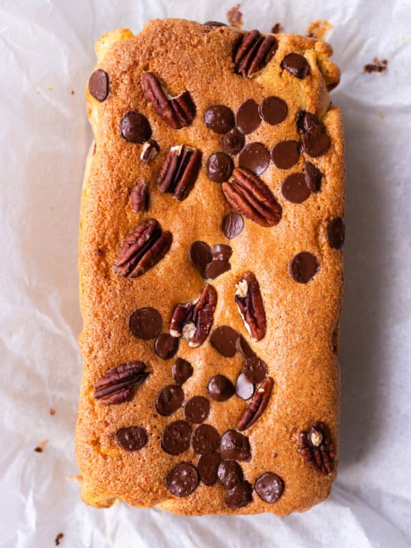 Low-carb gluten-free Easter bread with chocolate chips and pecans baked in a loaf pan