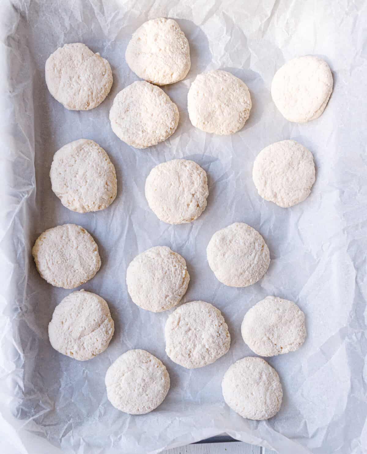 Raw flour-dredged syrniki patties arranged on parchment paper before frying or baking