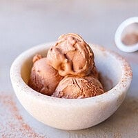 Three scoops of no-churn chocolate ice cream in a marble bowl dusted with cocoa
