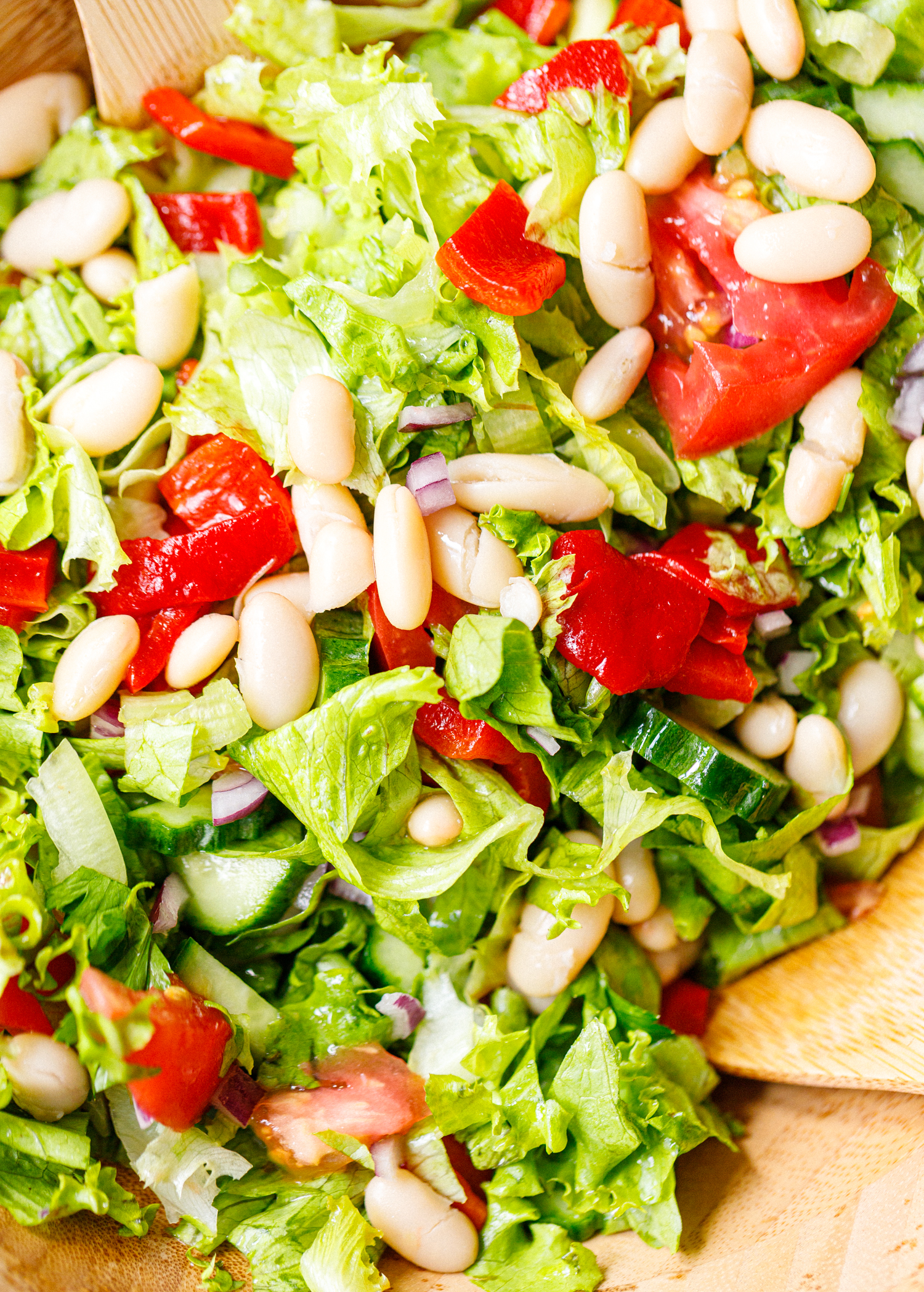 Close-up of tossed village salad with white beans, roasted red peppers, tomatoes, cucumbers, and crisp lettuce in a light dressing