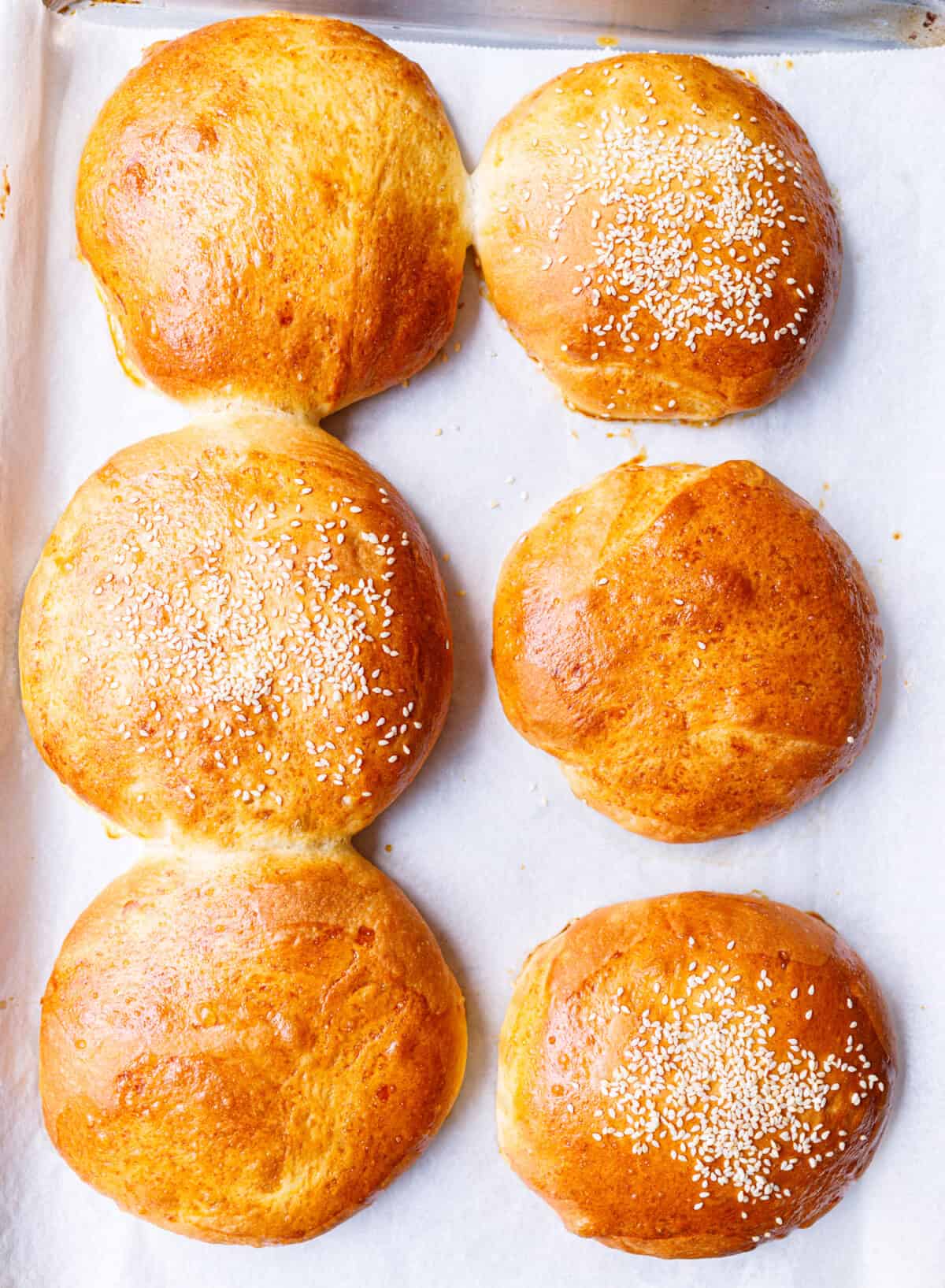 Six baked brioche hamburger buns on a parchment-lined baking sheet