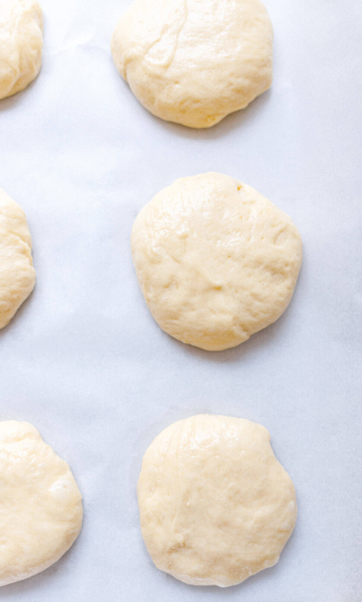 Shaped brioche bun dough rounds spaced apart on a parchment-lined tray