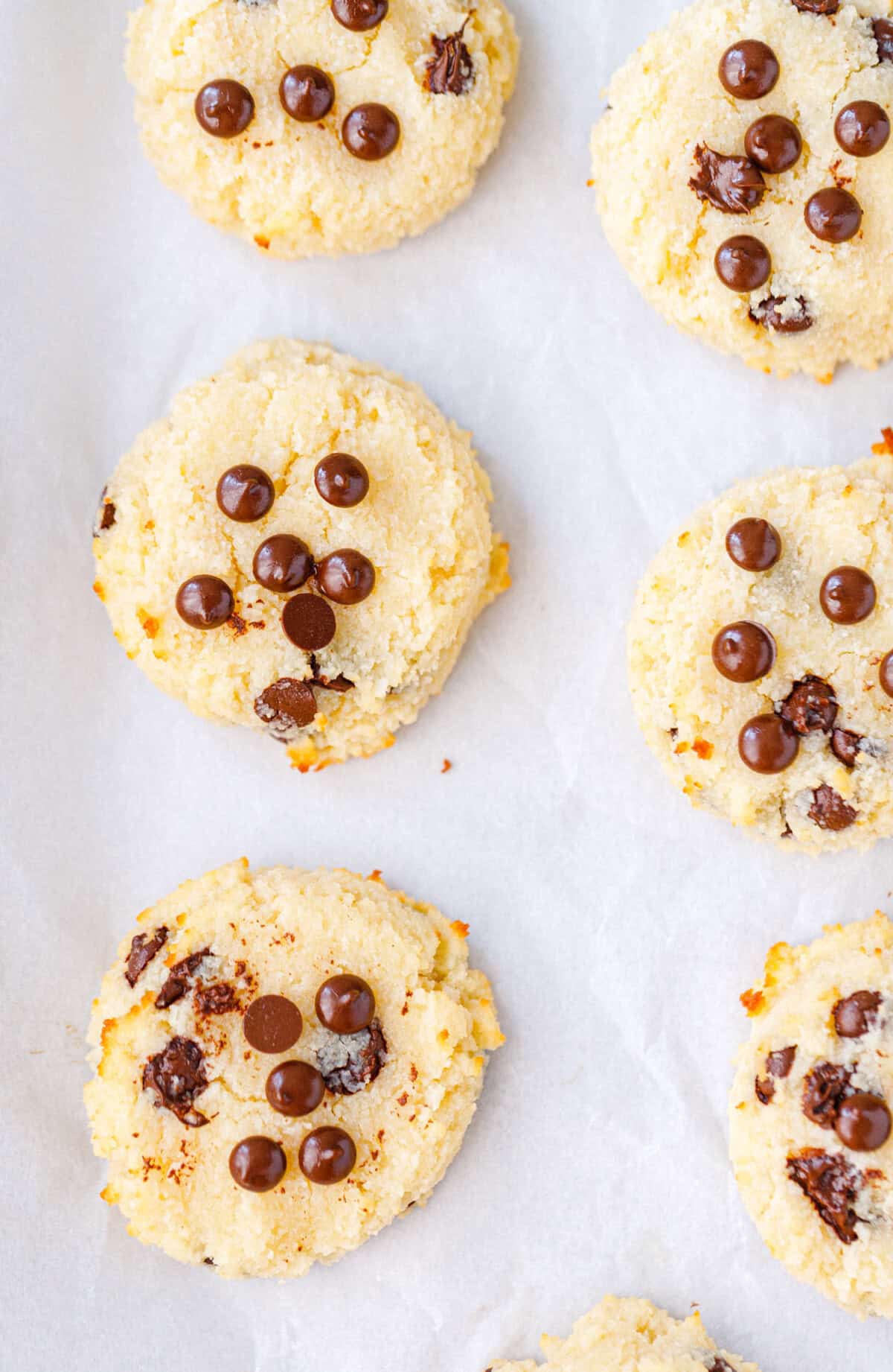 High-protein cottage cheese cookies topped with chocolate chips, seen from above