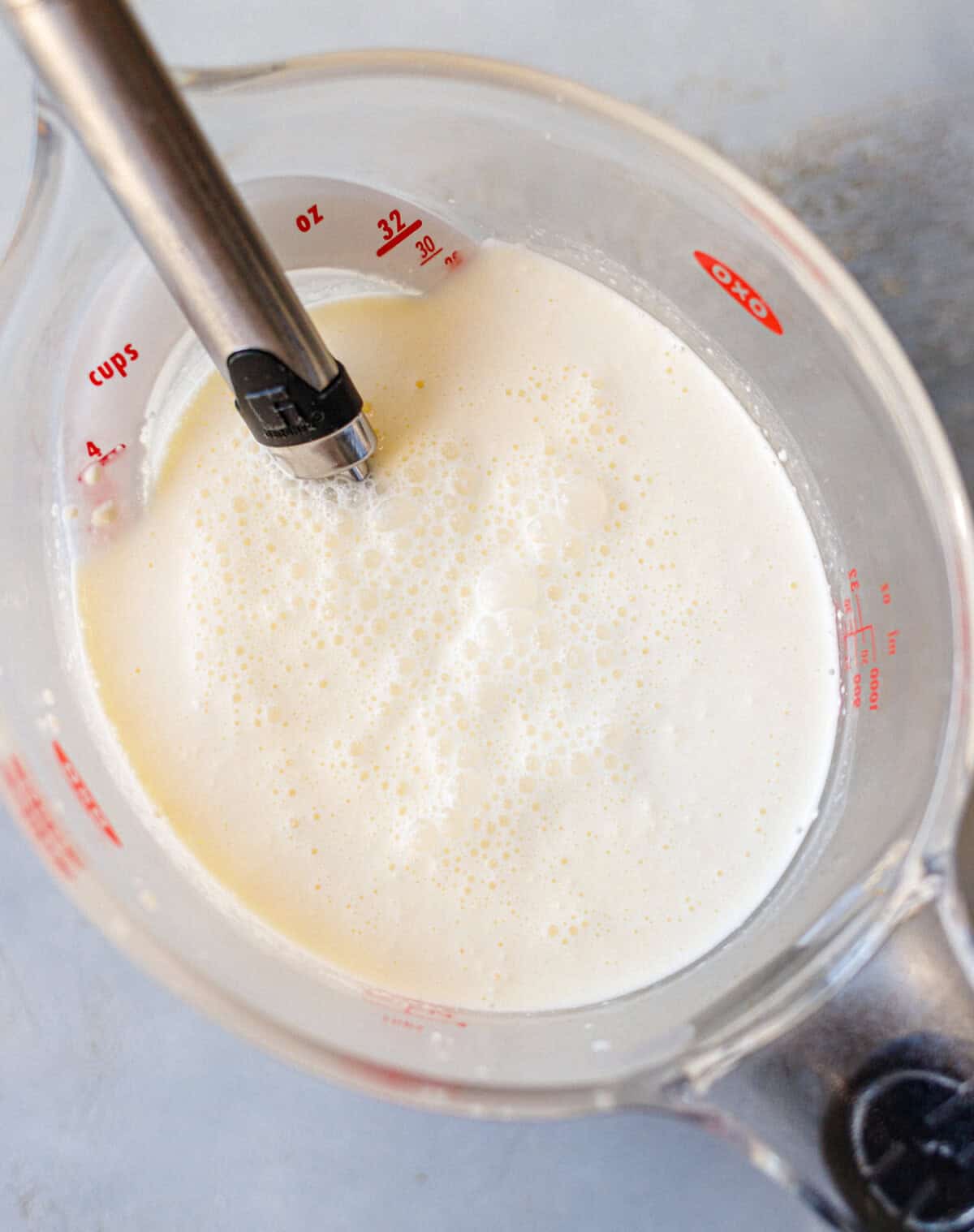 Blended cream mixture for homemade butter pecan ice cream before churning.