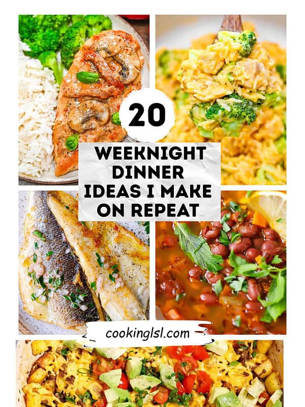 Collage of five weeknight dinners — creamy chicken with rice and broccoli, cheesy rice and broccoli casserole, pan-seared fish fillets, red bean soup, and a loaded skillet with avocado and tomatoes