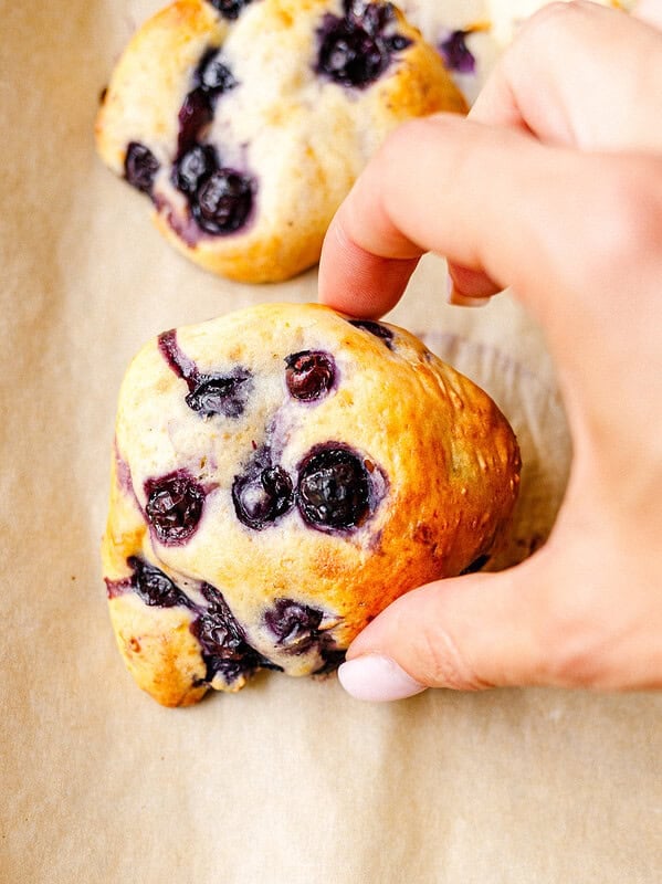 Hand picking up a baked cottage cheese blueberry scone from the tray