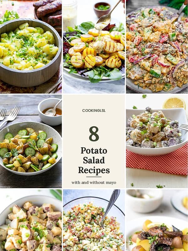 Collage of 8 potato salad recipes with a title square: Bulgarian potato salad, grilled potato salad, crispy smashed potato salad, sumac potatoes with cucumber, potato medley, buffalo potato salad, Olivier salad and octopus potato salad